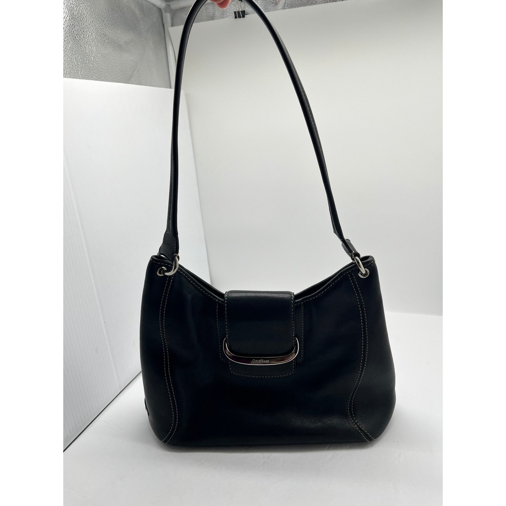 Cole Haan Black Leather Shoulder Bag Contrast Stitch Silver Hardware Hobo Bag